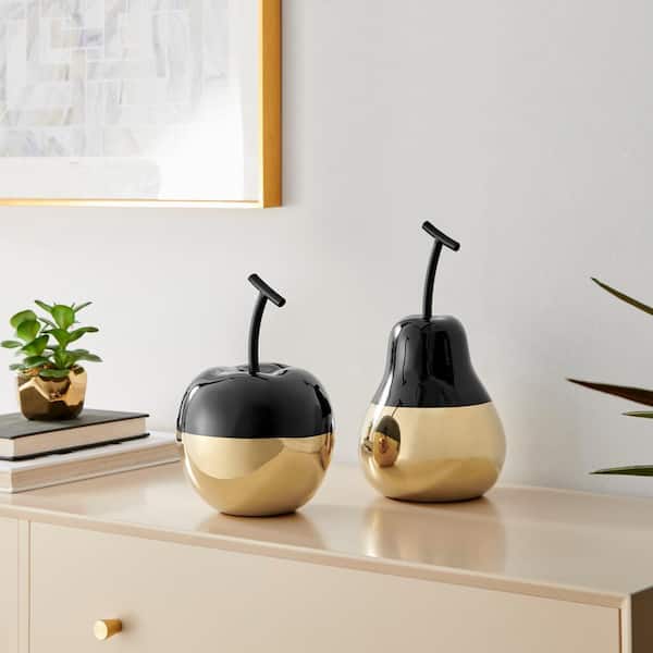 DANYA B Vost Dipped Fruit Decorative Accent Ceramic Sculpture Figure Set of 2-Large-Black/Gold