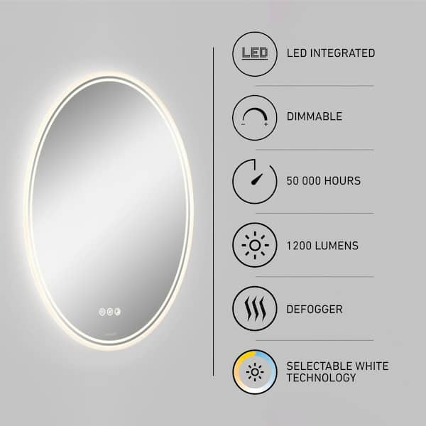 Corby 22 in. W x 28 in. H 3CCT Defog Oval Frameless Integrated LED Wall Bathroom Vanity Mirror