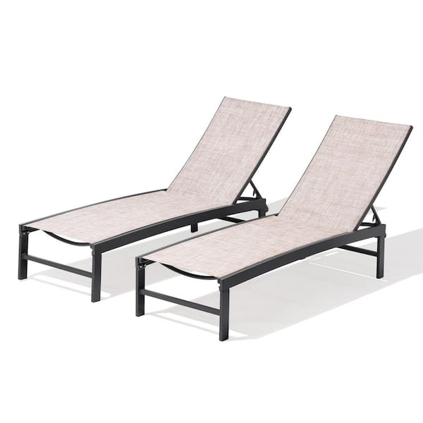All-Weather 2-Piece Outdoor Chaise Lounge 6-Position Adjustable Metal Patio Lounge Chairs in Beige for Beach, Yard, Pool