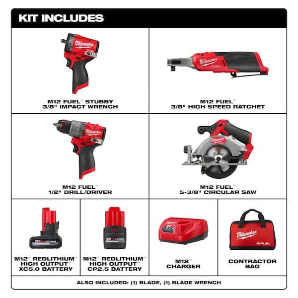 M12 FUEL 12V Lithium-Ion Cordless Drill Driver, Impact Wrench, Ratchet & Circular Saw Combo Kit w/Batteries, & Charger