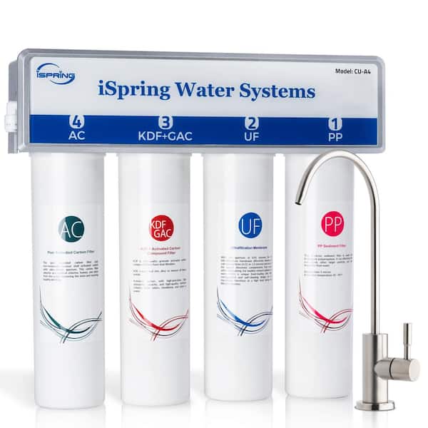 ISPRING 4-Stage 0.1 Micron Ultra-Filtration Under Sink / Inline Water Filtration System with No-Pressure Brushed Nickel Faucet