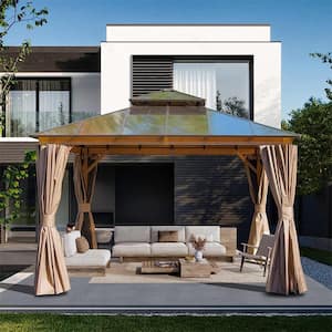 12 ft. x 12 ft. Permanent Outdoor Gazebo with Poly carbonate Double Roof, Curtain and Net(Wood-Looking)