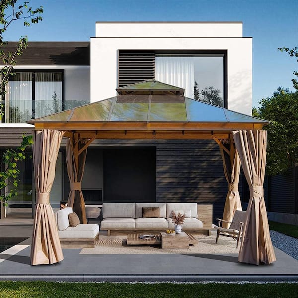 Clihome 12 ft. x 12 ft. Permanent Outdoor Gazebo with Poly carbonate Double Roof, Curtain and Net(Wood-Looking)