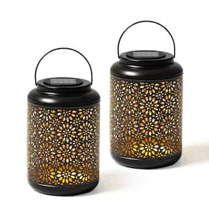 8.75 in. H Black Metal Cutout Flower Solar Powered Outdoor Hanging Lantern with LED Light (Set of 2)