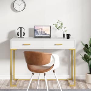 Moronia 39.37 in. W Retangular Gold and White 30 in. H Wood Computer Desk with 2-Drawer