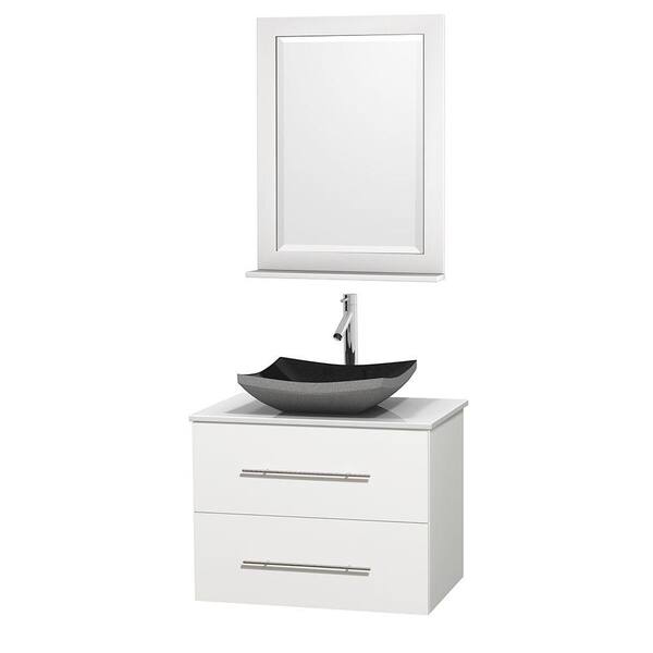 Wyndham Collection Centra 30 in. Vanity in White with Solid-Surface Vanity Top in White, Black Granite Sink and 24 in. Mirror