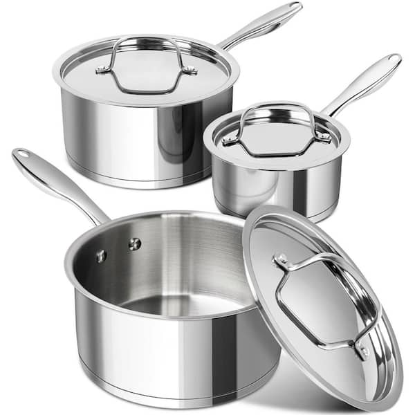 1 qt. Stainless Steel Saucepan Set Nonstick Tri-Ply Bottom with Lid Dishwasher Safe Versatile 3-Piece