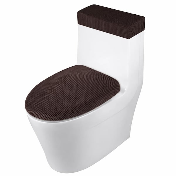 Toilet Lid and Tank Cover Set Stretch Jacquard Polyester Spandex Elastic Bottom Machine Washable Coffee