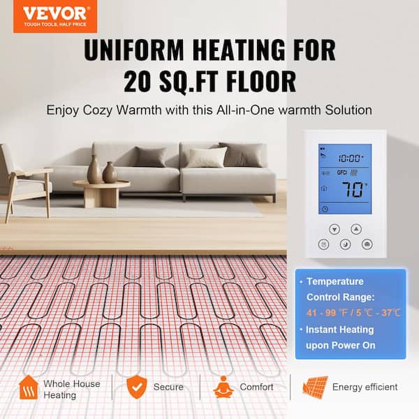 Floor Heating Mat 20 Sq. ft Electric Radiant In-Floor Heated Warm System  with Digital Floor Sensing Thermostat