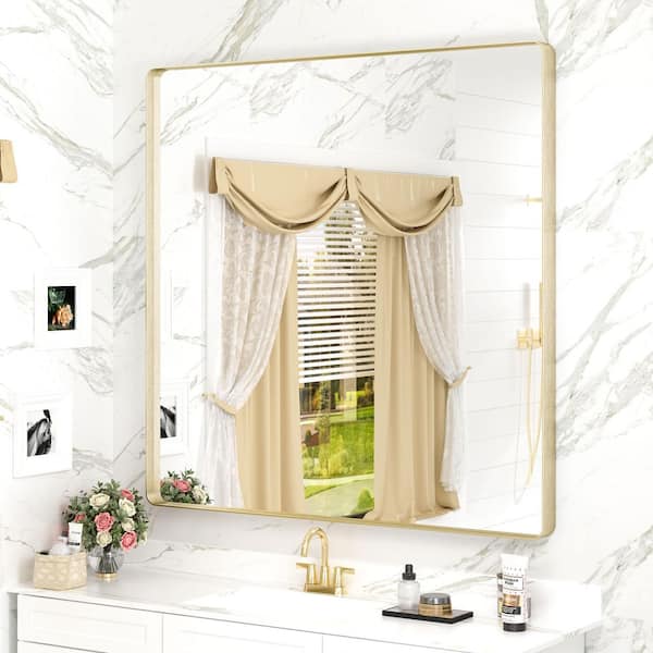 Apmir 36 in. W x 36 in. H Square Aluminum Alloy Framed and Tempered Glass Wall Bathroom Vanity Mirror in Brushed Gold