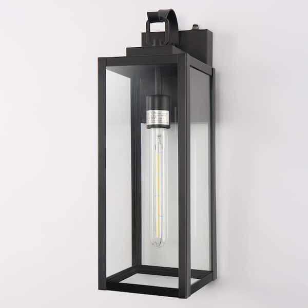 18 in. 2-Pack Black Dusk to Dawn Outdoor Lantern Sconce Wall Lights with Clear Glass Shade LED T30 Bulbs Included