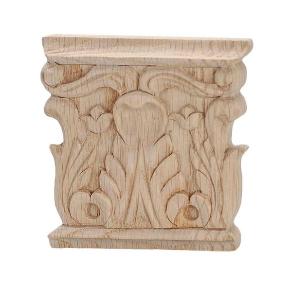 American Pro Decor 3-1/8 in. x 3 in. x 1/2 in. Unfinished Hand Carved Solid American Red Oak Acanthus Wood Onlay Capital Wood Applique
