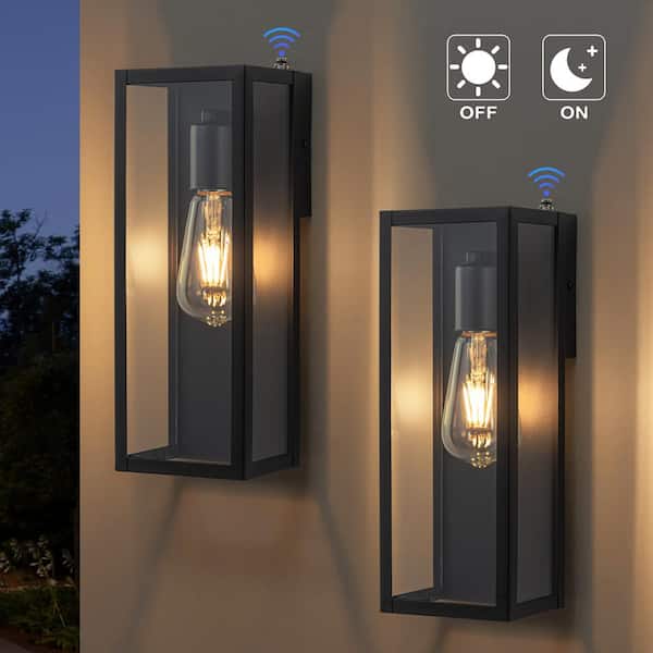 12.75 in. Black Dusk to Dawn Outdoor Wall Lantern Sconce with Clear Tempered Glass, No Bulb Included (2-Pack)