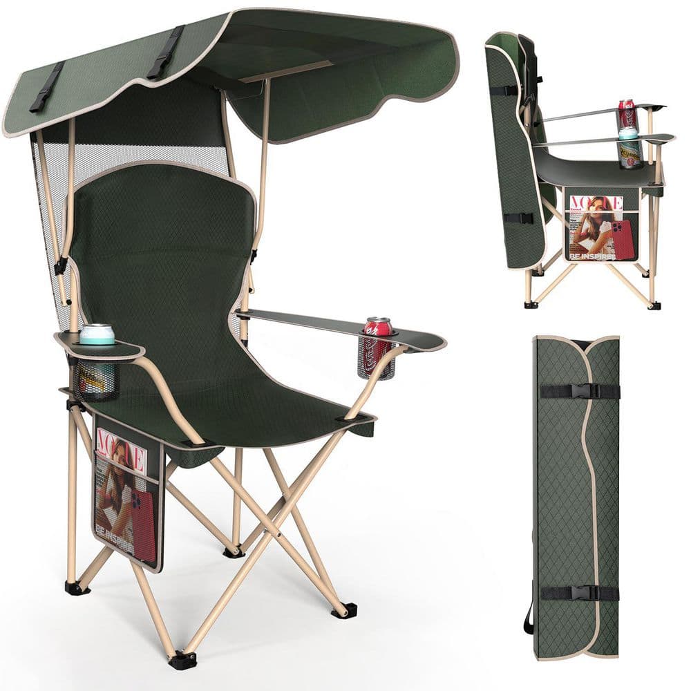 Portable Metal Lawn Chair with Canopy, Folding Chair with Canopy for Camping, Beach and Picnics, Green