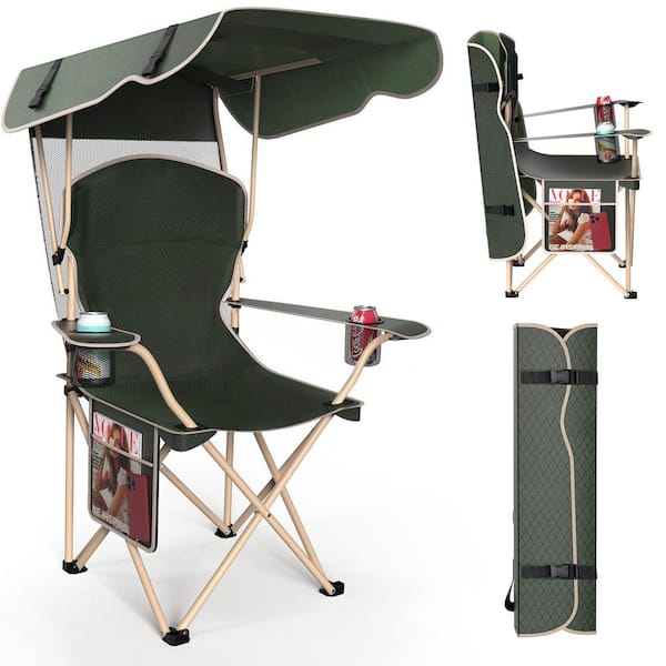 Portable Metal Lawn Chair with Canopy, Folding Chair with Canopy for Camping, Beach and Picnics, Green