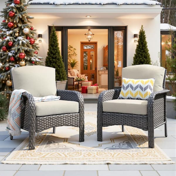 Toject Denali Gray Modern Wicker Outdoor Lounge Chair Seating Set with Beige Cushions (2-Pack)