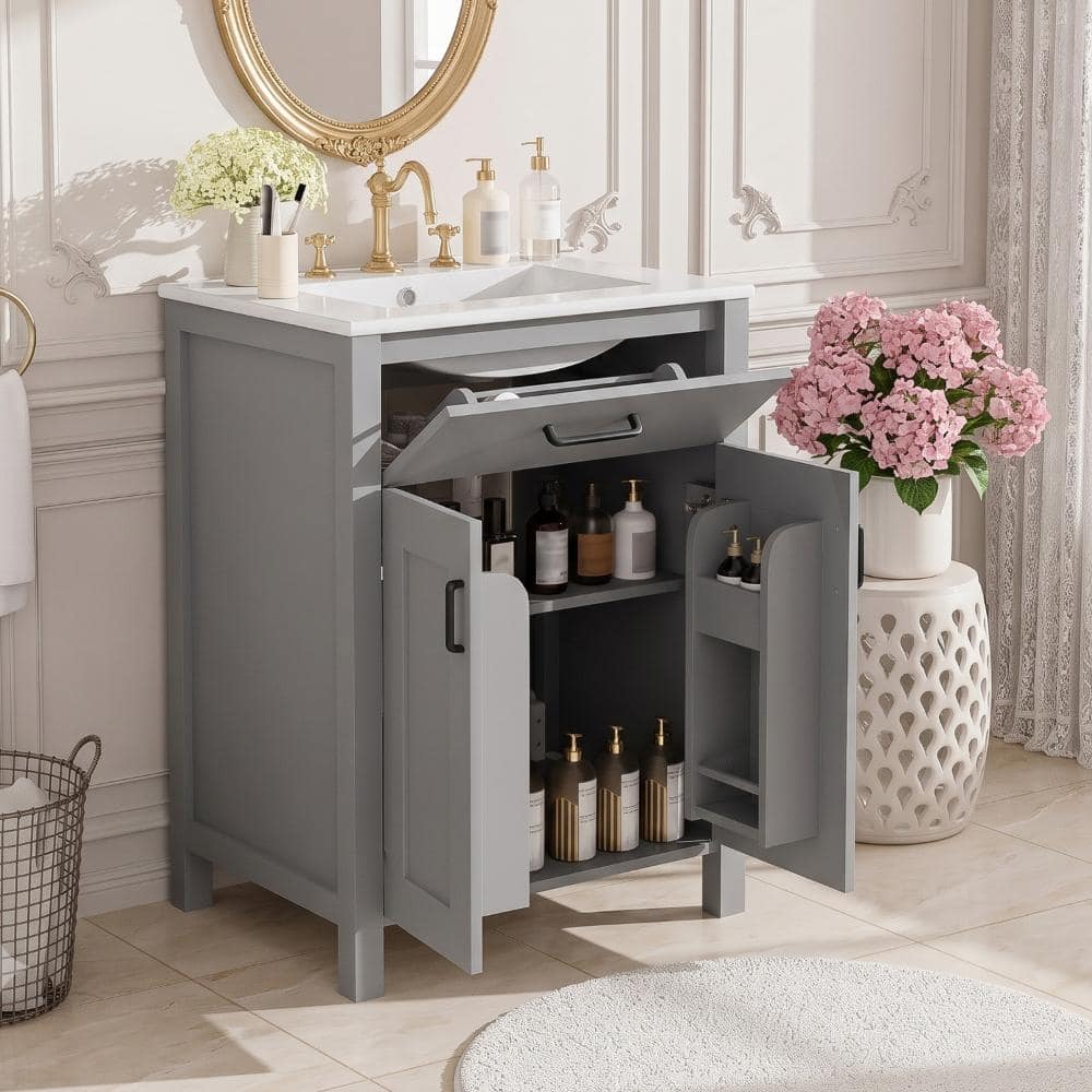 24.2 in. W Gray Freestanding U-Shaped Shelf Bathroom Vanity With Ceramic Top