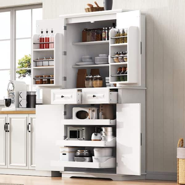Raine White 71.2 in. Kitchen Pantry Storage Cabinet with Pull-Out Shelves, Drawers and Door Shelves