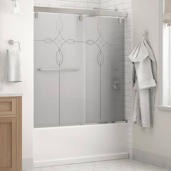 Delta Simplicity Mod 50-1/8 to 58-1/2 in. W x 59- H Soft-Close Frameless Sliding Tub Door, Chrome, Tranquility Glass