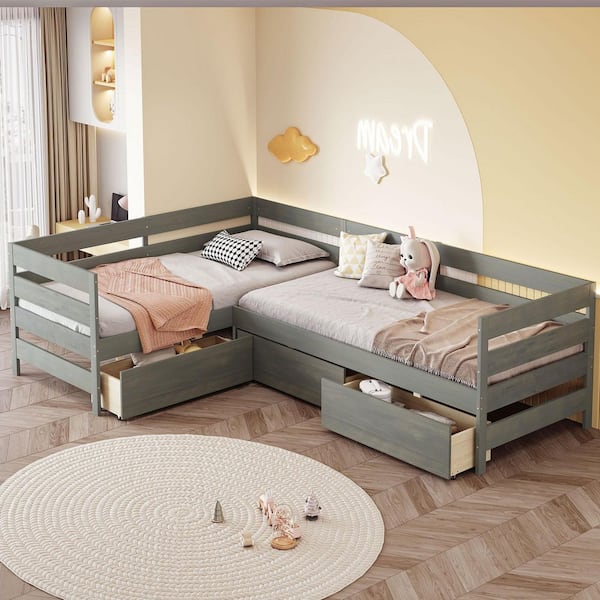 Harper & Bright Designs Gray Wood Frame Twin Size L-Shaped Platform Bed with 3 Drawers