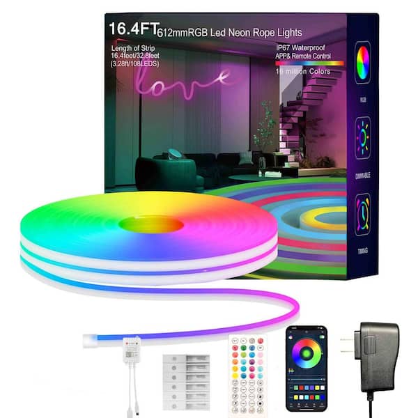 16.4 ft. Hardwired RGB Integrated LED Strip Lights, Outdoor IP67 Waterproof Music Syncing Flexible DIY Design for Gaming