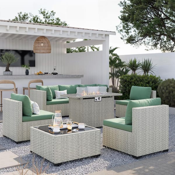 Patio Conversation Wicker 8-Piece Sectional Sofa Set With Comfortable Green Cushions