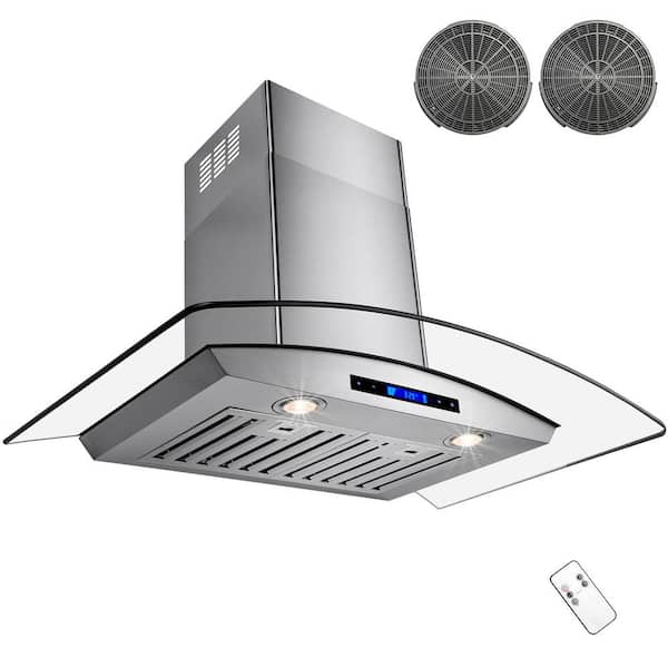 AKDY 36 in. Convertible Kitchen Wall Mount Range Hood in Stainless Steel with Arched Tempered Glass, Remote and Carbon Filter