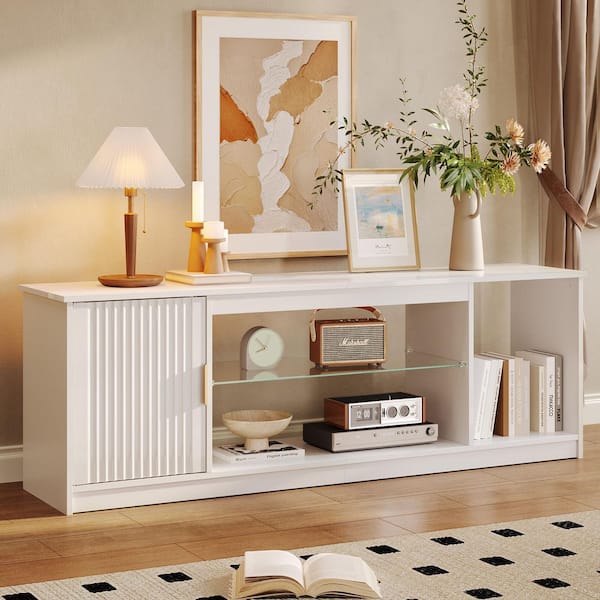 Bestier 57 in. Fluted Glossy White TV Stand Fits TV Up to 65 in. LED Entertainment Center with Cabinet and Adjustable Shelf