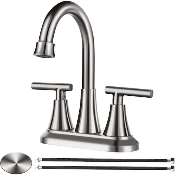 4 in. Centerset Double Handle High Arc Bathroom Faucet with Drain Kit Included in Brushed Nickel
