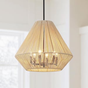 21 in. 6-Light Rattan Pendant Chandelier Light with Black Canopy