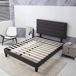 60 in. W Queen Size Bed Frame, Gray Upholstered Platform with Headboard Wood Slats Mattress Foundation