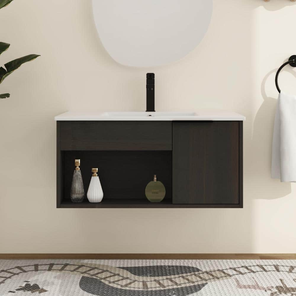 30 in. W x 18.31 in. D x 14.57 in. H Wall Mounted Bath Vanity in Black Chestnut with White Ceramic Vanity Top price history on PriceWatchPro