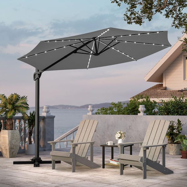 10 ft. LED Round Cantilever Umbrella Solution-Dyed Fabric, Metal Frame and Innovative 360° Rotation System in Gray
