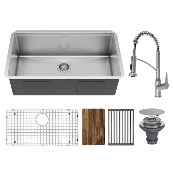 Elite 32 in. Undermount Single Bowl 16 Gauge Stainless Steel Workstation Kitchen Sink with Faucet