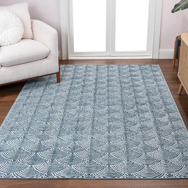 Porter Geometric Art Deco Fan Pattern High-Low Navy/Cream 8 ft. x 10 ft. Area Rug