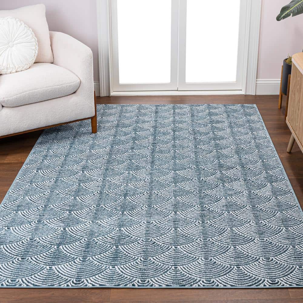 Navy and Cream Geometric Art Deco High-Low Area Rug 8x10