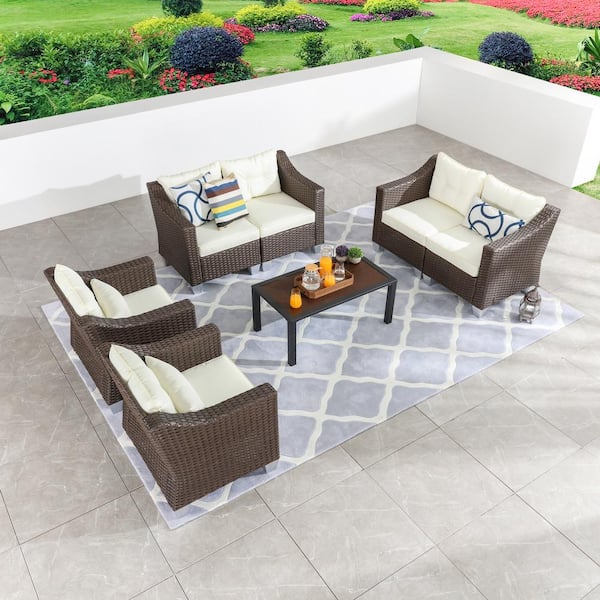 Patio Festival 7-Piece Wicker Patio Conversation Set with Beige Cushions
