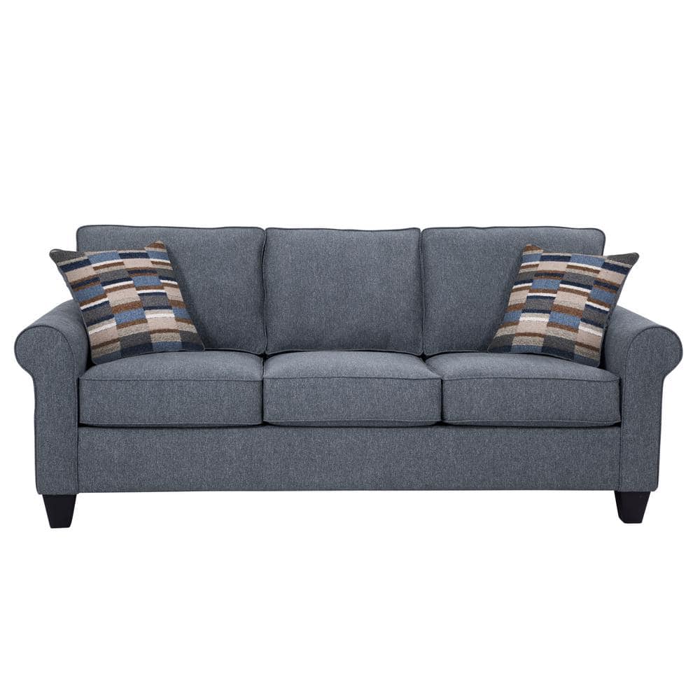 Blue Linen Rolled Arm Sofa with Removable Cushions