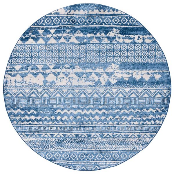 SAFAVIEH Brentwood 7 ft. x 7 ft. Blue/Ivory Distressed Striped Round Area Rug