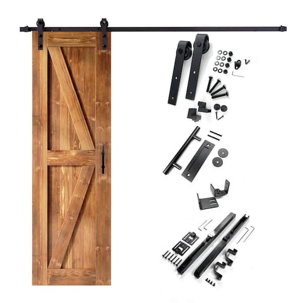 26 in. x 84 in. K-Frame Early American Solid Pine Wood Interior Sliding Barn Door with Hardware Kit, Non-Bypass