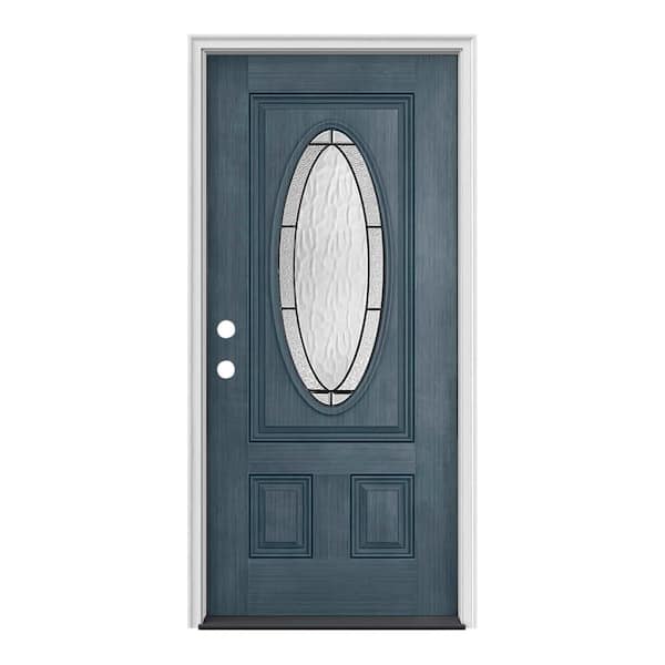 JELD-WEN 36 in. x 80 in. 3/4 Oval Lite Wendover Denim Stained Fiberglass Prehung Right-Hand Inswing Front Door