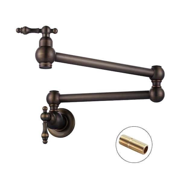 Brass Wall Mount Pot Filler with 2-Aerators and Brass Valve, Double Handle Single Hole Kitchen Faucet in Antique Bronze