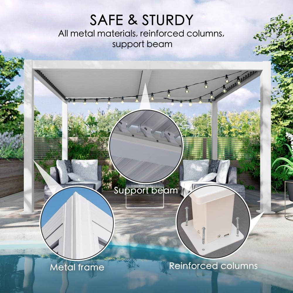 White Aluminum 10'x12' Outdoor Louvered Pergola with Adjustable Roof
