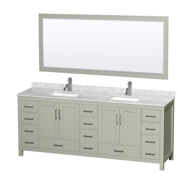 Wyndham Collection Sheffield 84 in. W x 22 in. D x 35 in. H Double Bath Vanity in Light Green with White Carrara Marble Top and 70" Mirror