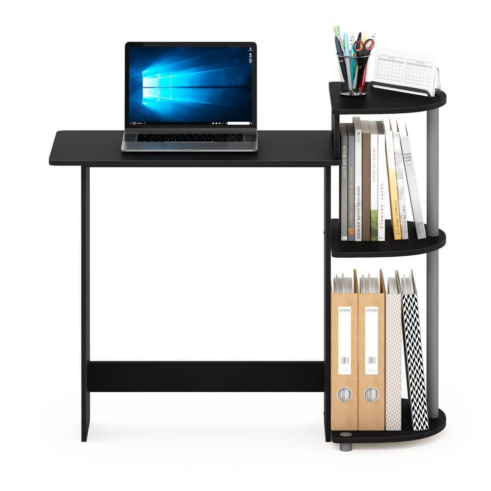 Black Wood Compact Computer Desk with Storage Shelves