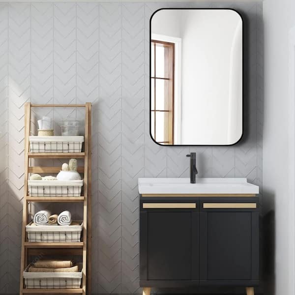 24x36 Inch Black Metal Framed Rectangular Bathroom Wall Mirror – Modern Durable Home Vanity Mirror