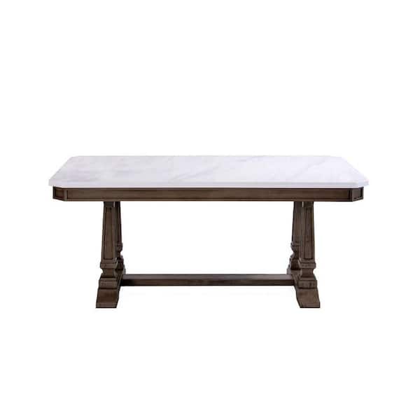 Benjara White and Brown Faux Marble Top Trestle Base Dining Table Seats ...