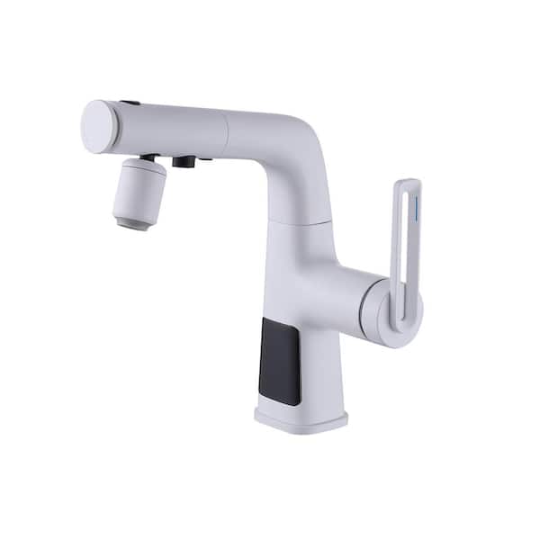 Tomfaucet Digital Display 3-Spray Pull-Out Single Handle Single Hole Bathroom Faucet in White