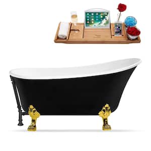 59 in. Acrylic Clawfoot Non-Whirlpool Bathtub in Glossy Black With Matte Black Drain And Polished Gold Clawfeet