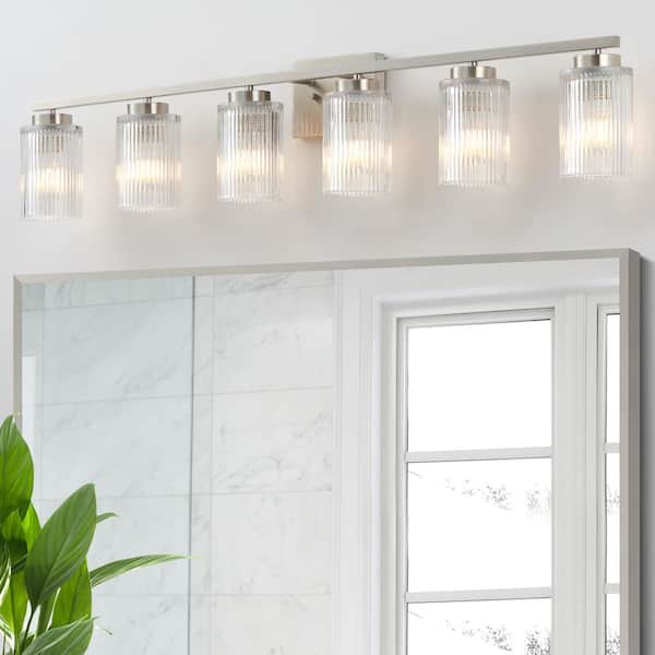 43.25 in. 6-Light Brushed Nickel Vanity Light with Clear Ribbed Glass Shades